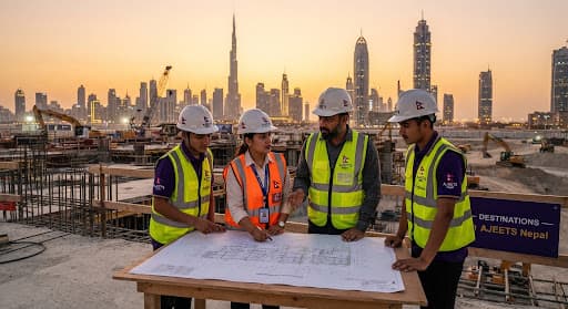 Large international construction project with technical and civil engineering workers