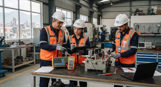 Industrial technicians taking part in practical skills assessment